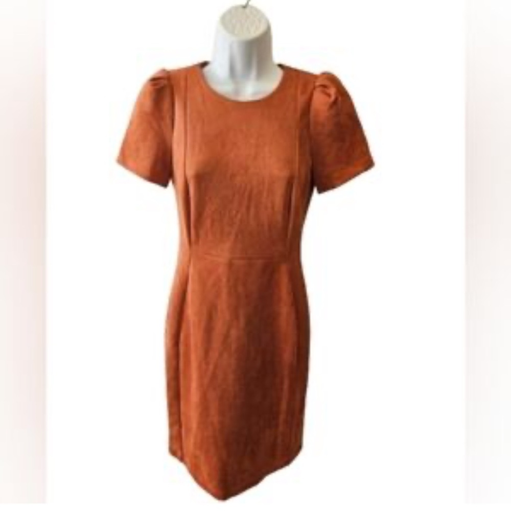 Calvin Klein Women Faux Suede Puff Sleeve Dress Size 12 Burnt Orange Office Work